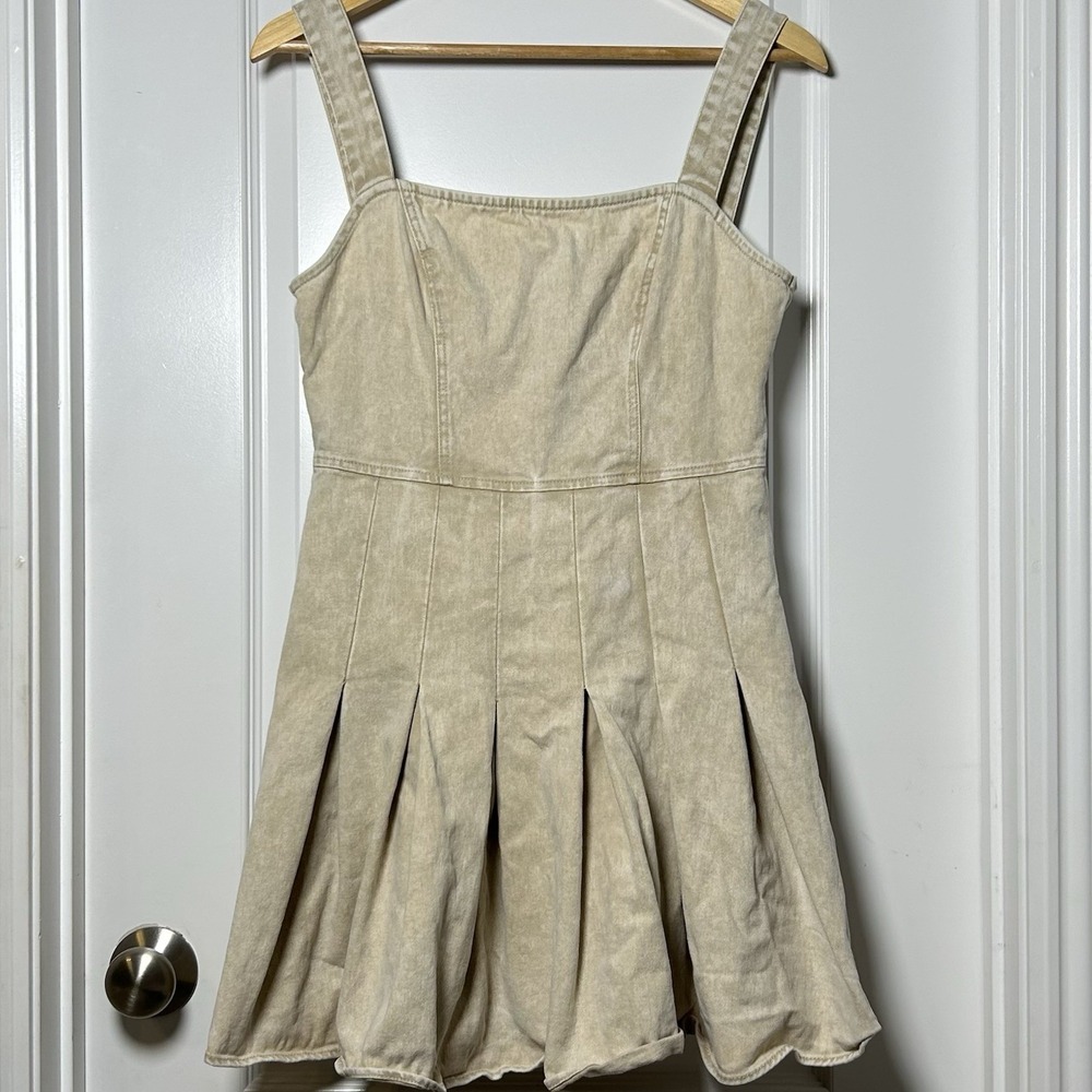 Altar'd State Sand Washed Denim Pleated Bow Back Square Neck Feminine Mini Dress